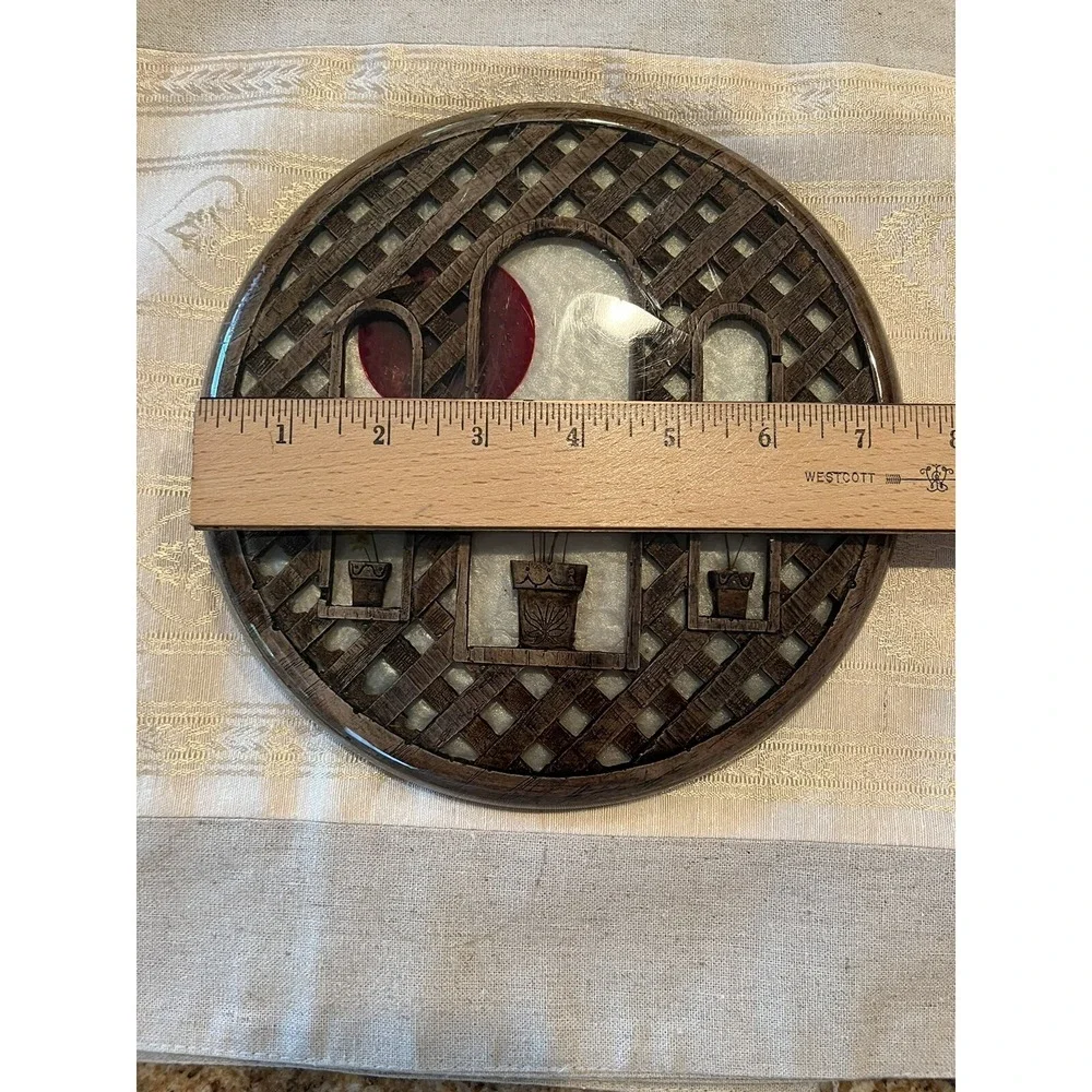 VTG MCM Lucite Trivet & Spoon Rest Matching Set Flowers Wood Lattice & Red Sun